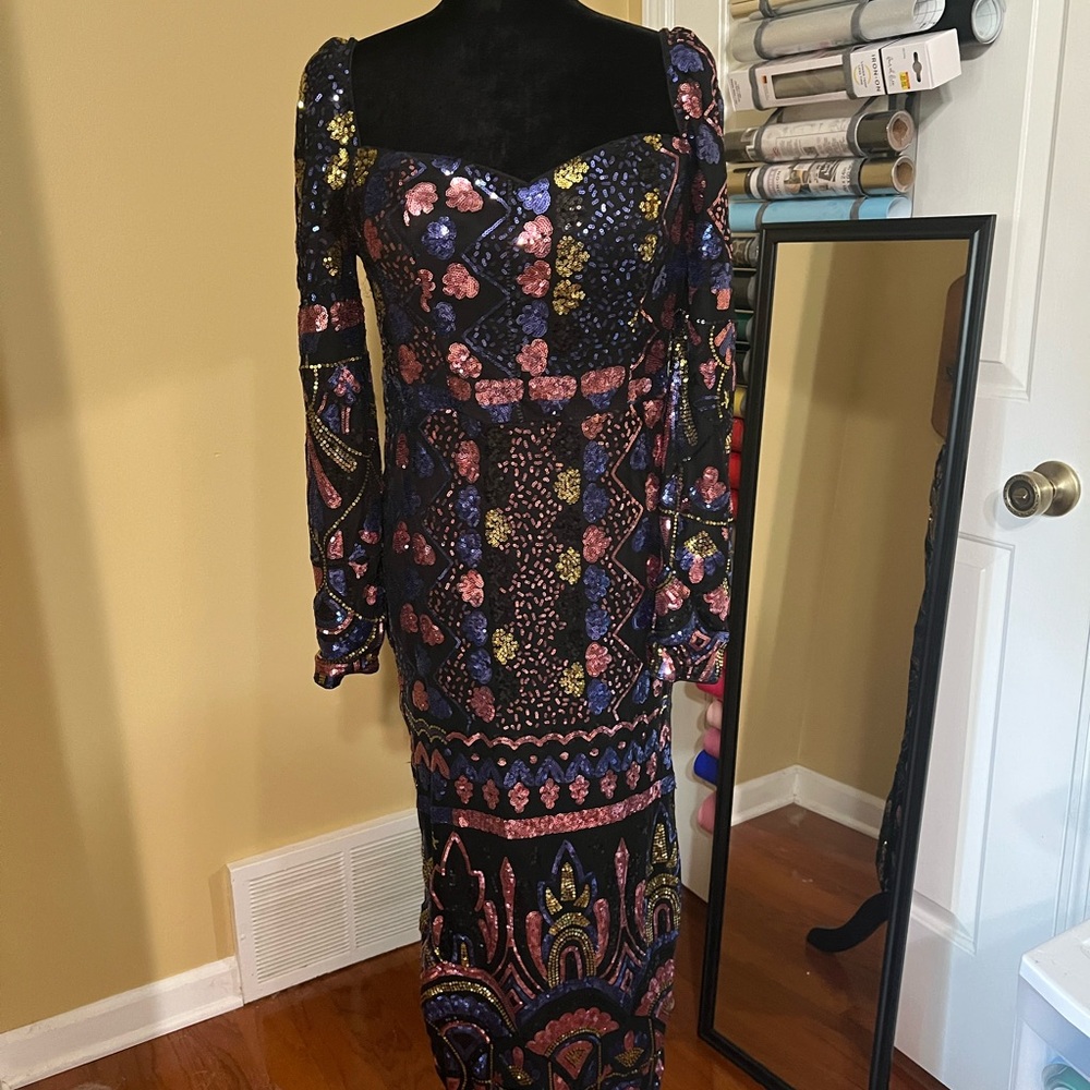 Blue Bodycon Dress with Bishop Sleeves and Square Neck